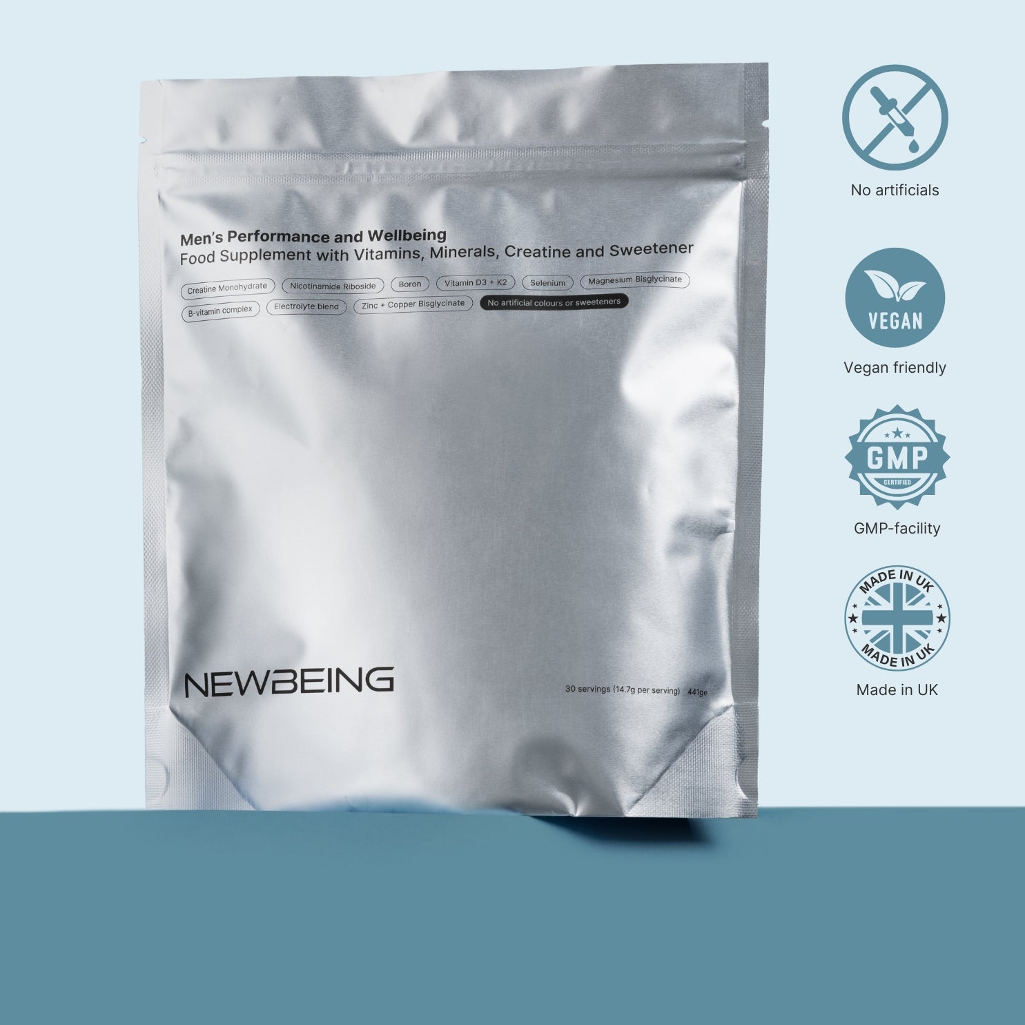 Silver supplement package with 'Newbeing' branding on a light blue background