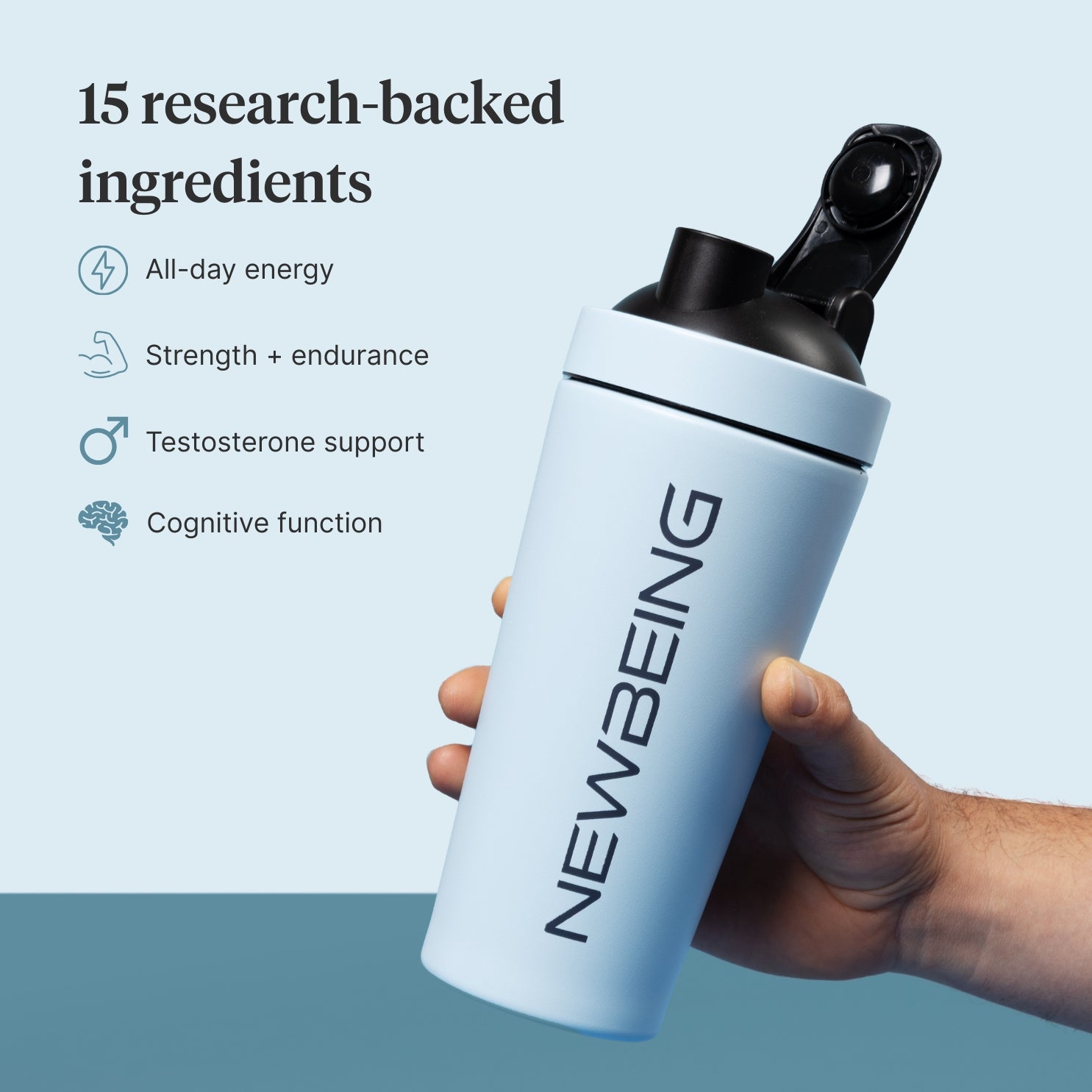 Light blue shaker bottle with 'NEWBEING' branding held by a hand, on a light blue background with text about product benefits.