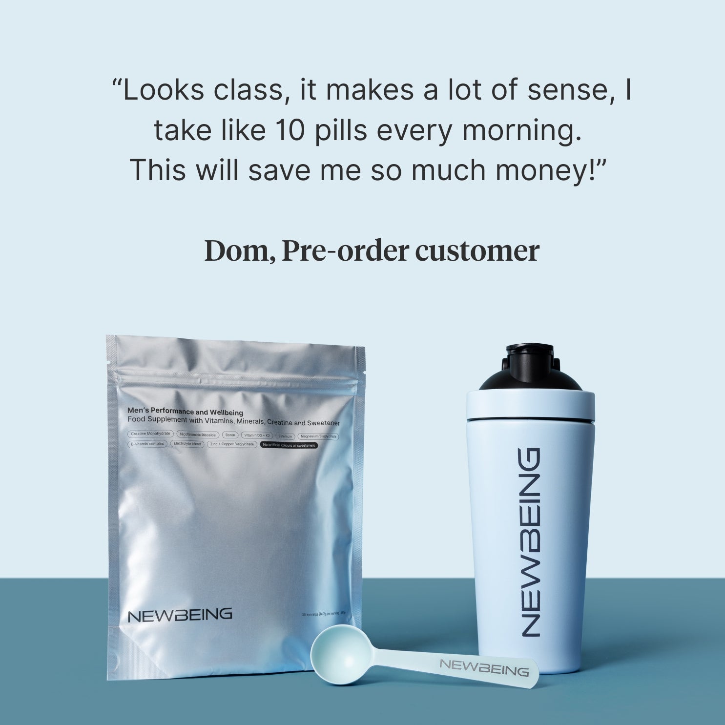 NewBeing supplement package with a shaker and powder on a light blue background
