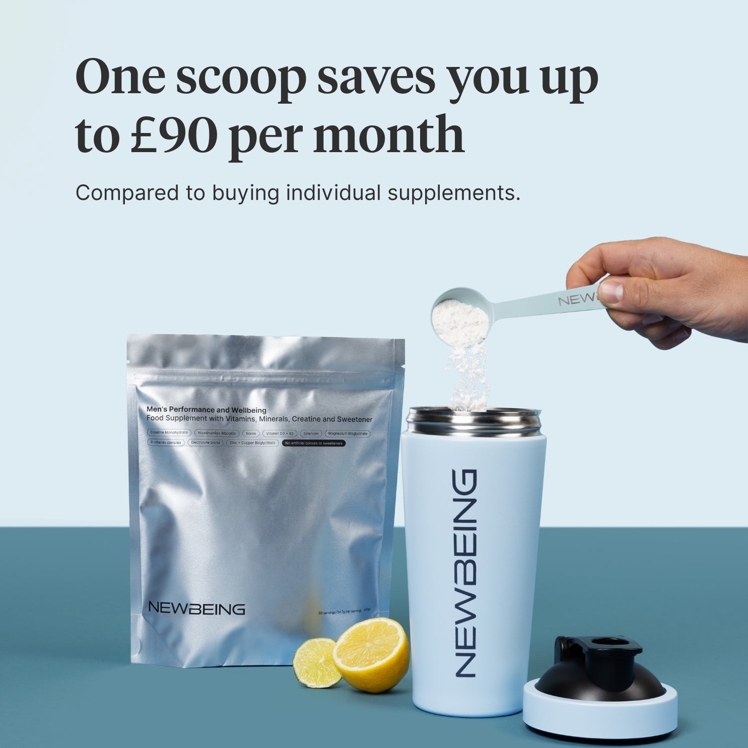 Newbeing supplement packaging with a scoop and lemons on a blue background