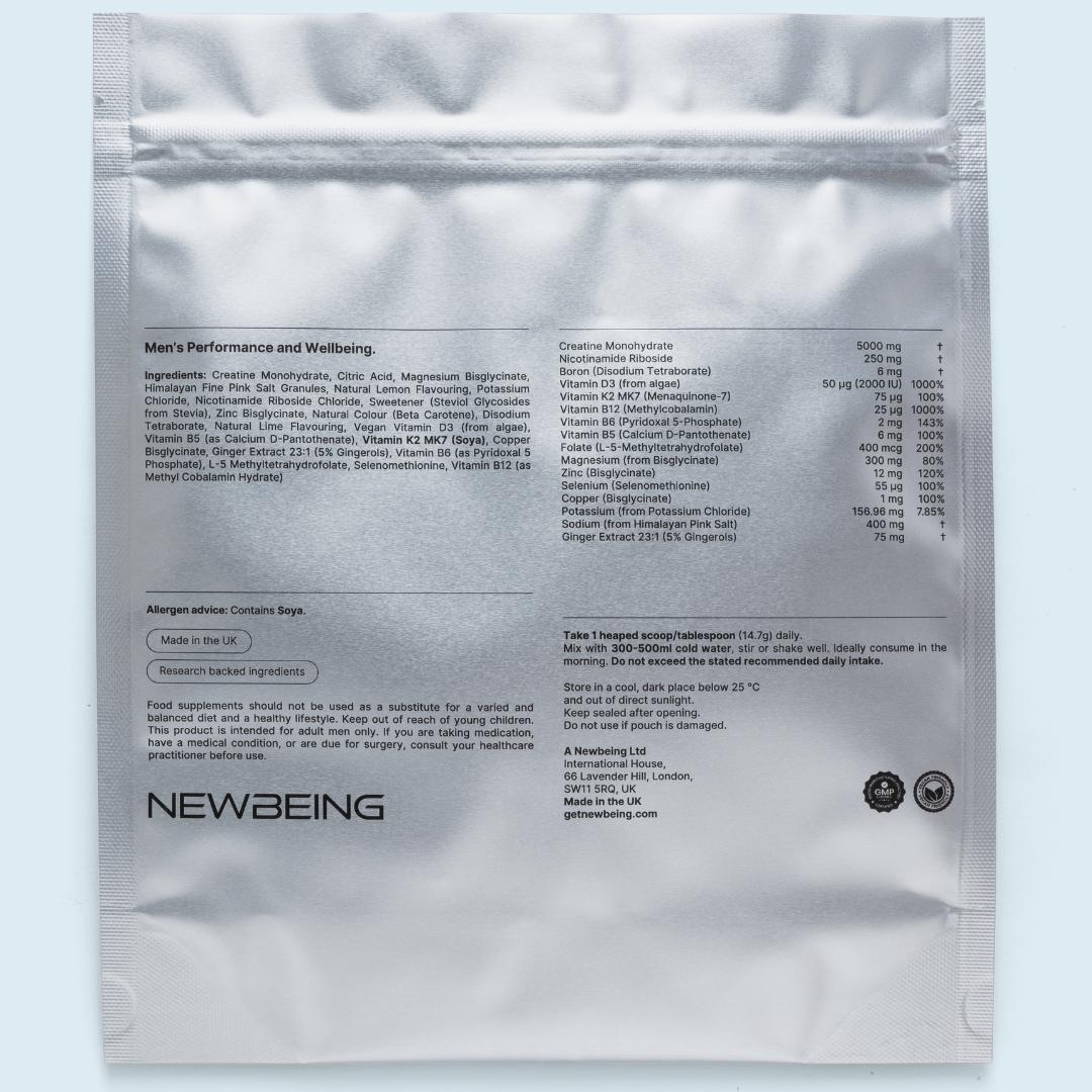 Silver supplement package back of pack with text and branding on a light blue background