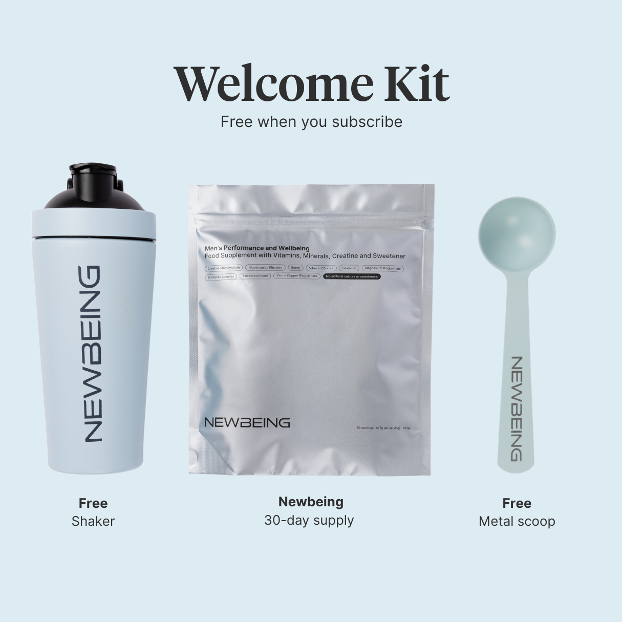 Welcome kit with shaker, supplement package, and metal scoop from NEWBEING on a light blue background.